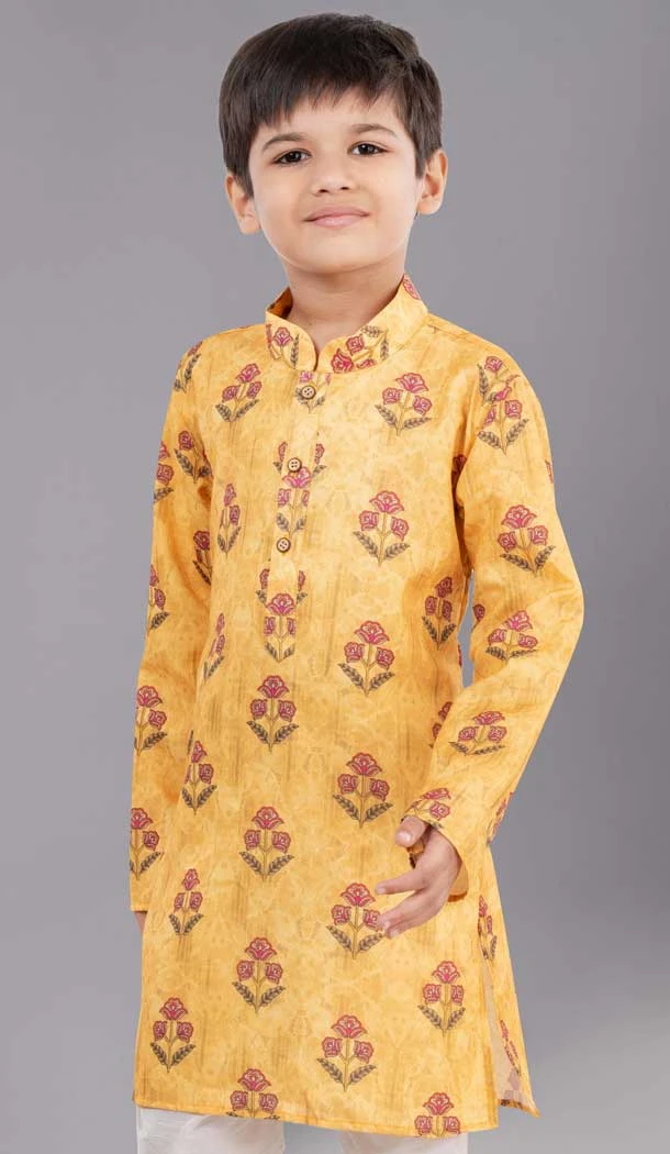 Yellow Cotton Digital Printed Function Wear Premium Kid's Boys Kurta Pajama - 12085205076