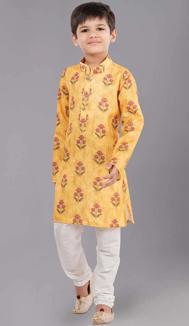 Yellow Cotton Digital Printed Function Wear Premium Kid's Boys Kurta Pajama - 12085205076