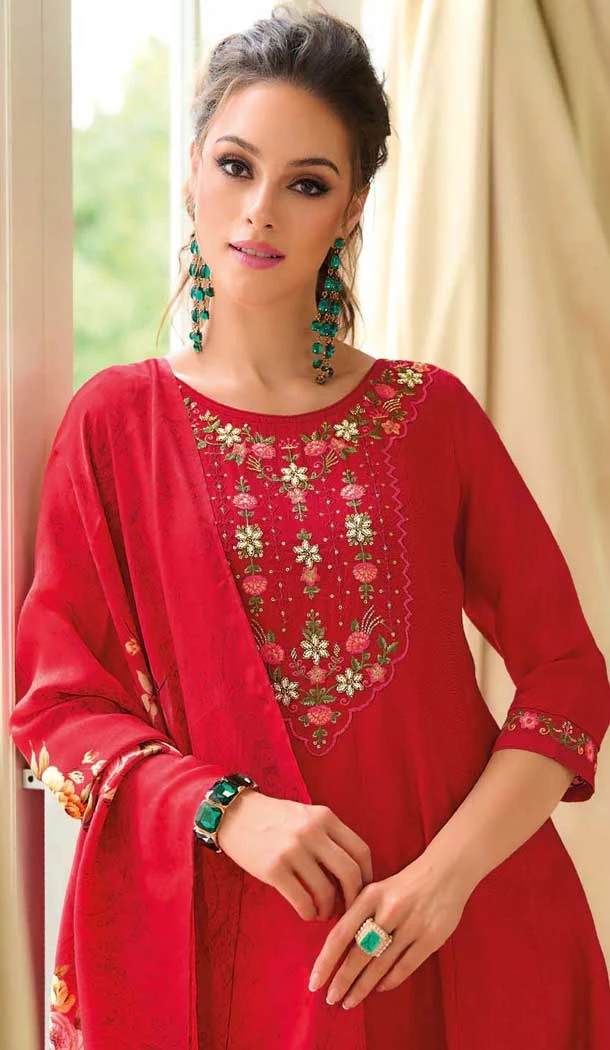 Vichitra Silk Embroidered Party Wear Anarkali Suit In Red - 12093205201