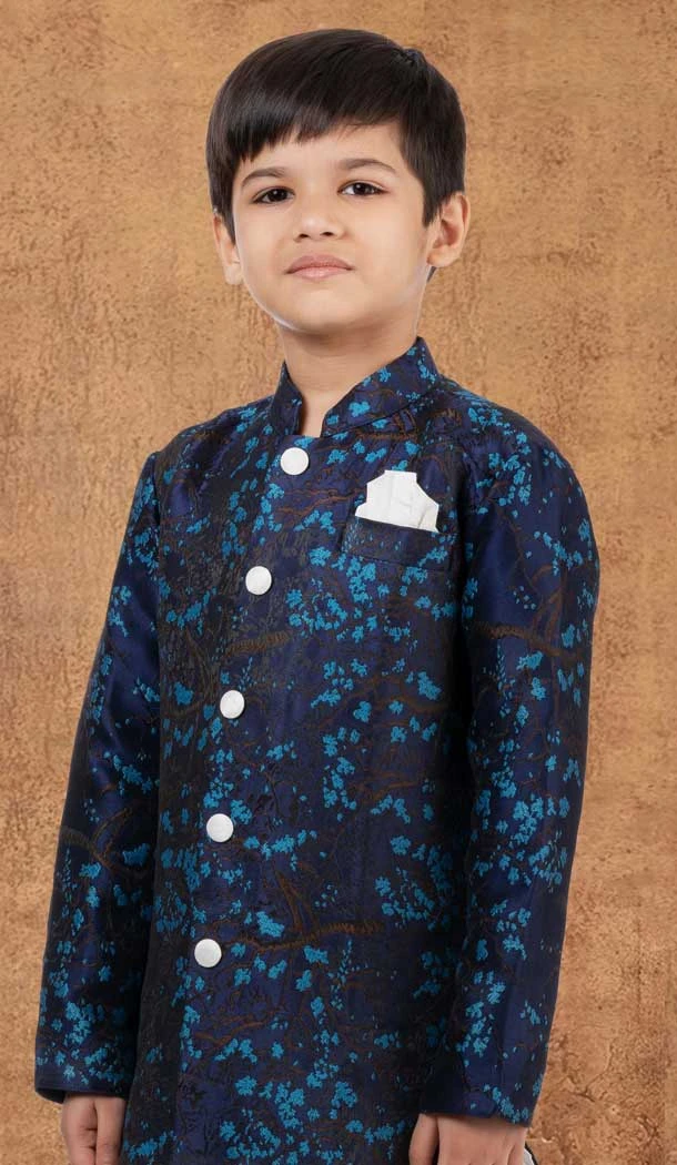 Navy Blue Jacquard Silk Weaving Work Wedding Wear Kid Boys Kurta With Dhoti - 12083205039