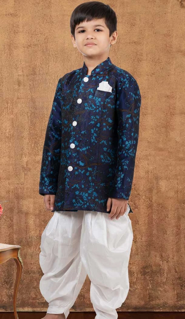 Navy Blue Jacquard Silk Weaving Work Wedding Wear Kid Boys Kurta With Dhoti - 12083205039
