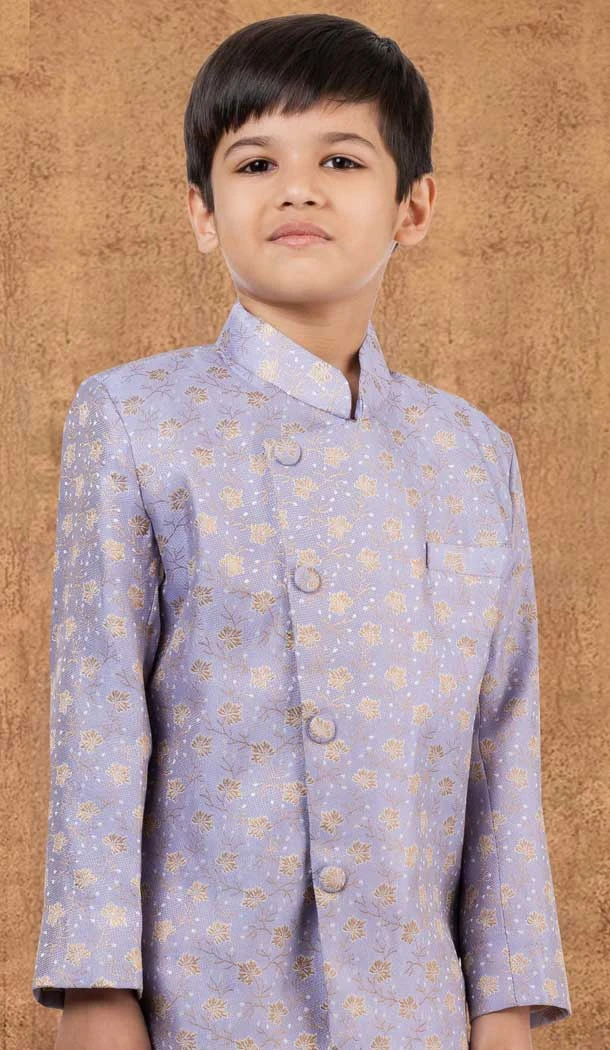 Light Purple Jacquard Silk Weaving Work Wedding Wear Kid Boys Kurta With Dhoti - 12083205041