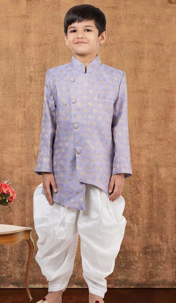 Light Purple Jacquard Silk Weaving Work Wedding Wear Kid Boys Kurta With Dhoti - 12083205041
