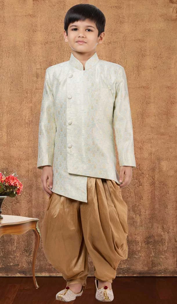 Sky Blue Weaving Work Jacquard Silk Wedding Wear Kid Boys Kurta With Dhoti - 12083205042