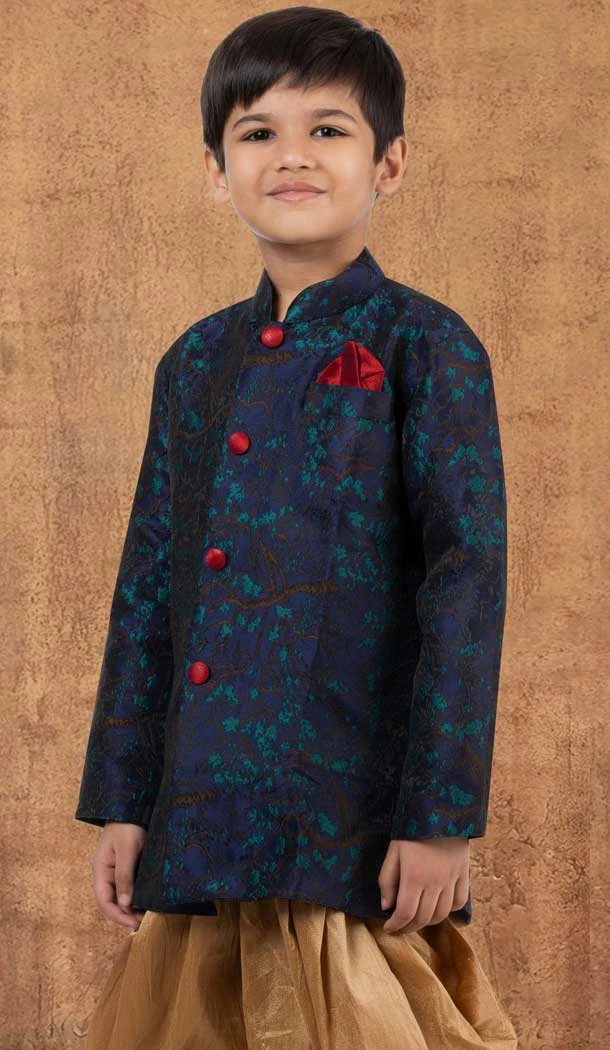 Navy Blue Weaving Work Jacquard Silk Wedding Wear Kid Boys Kurta With Dhoti - 12083205043