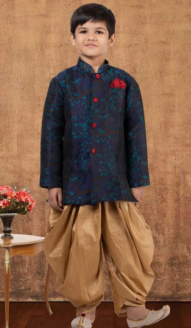 Navy Blue Weaving Work Jacquard Silk Wedding Wear Kid Boys Kurta With Dhoti - 12083205043