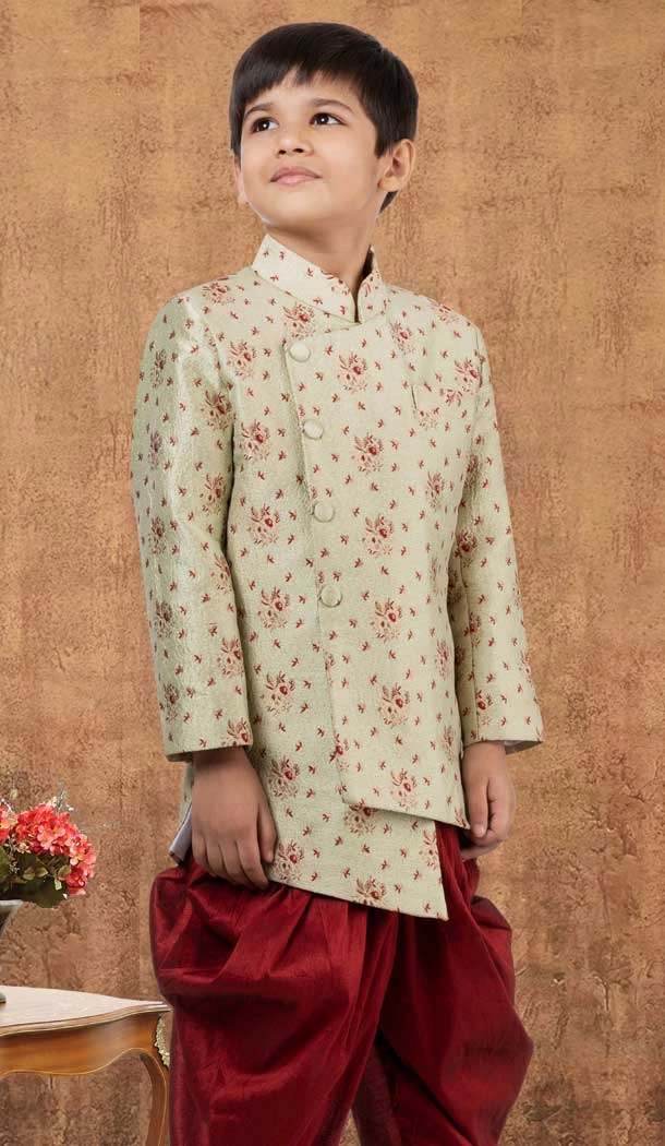 Lime Green Jacquard Silk Weaving Work Wedding Wear Kid Boys Kurta With Dhoti - 12083205044