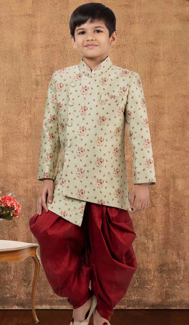 Lime Green Jacquard Silk Weaving Work Wedding Wear Kid Boys Kurta With Dhoti - 12083205044