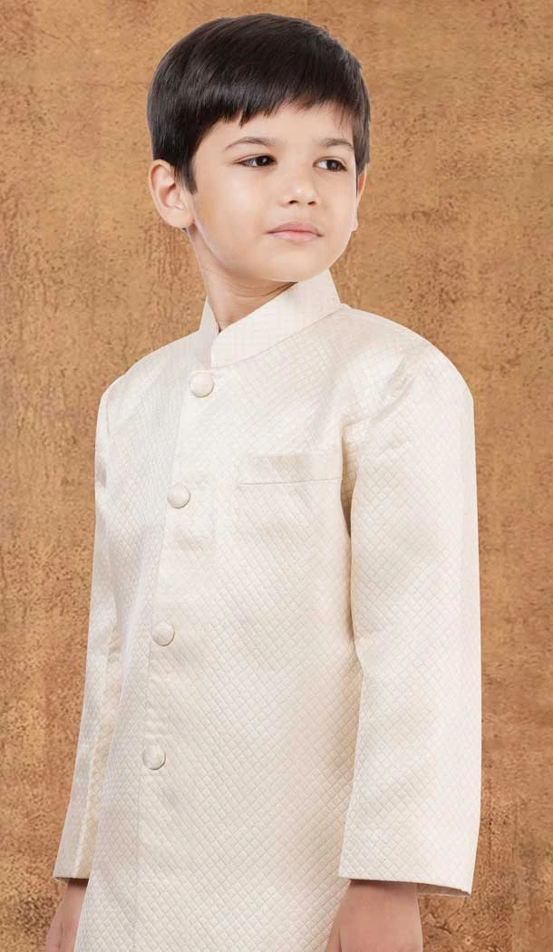 Cream Jacquard Silk Weaving Work Wedding Wear Kid Boys Kurta With Dhoti - 12083205045