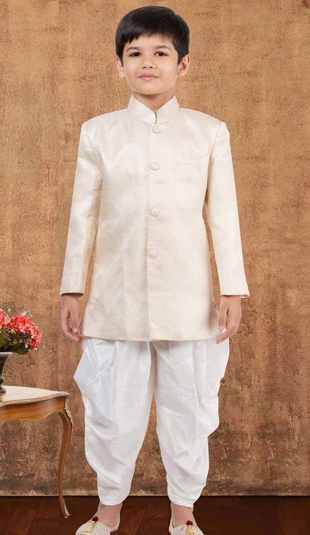 Cream Jacquard Silk Weaving Work Wedding Wear Kid Boys Kurta With Dhoti - 12083205045