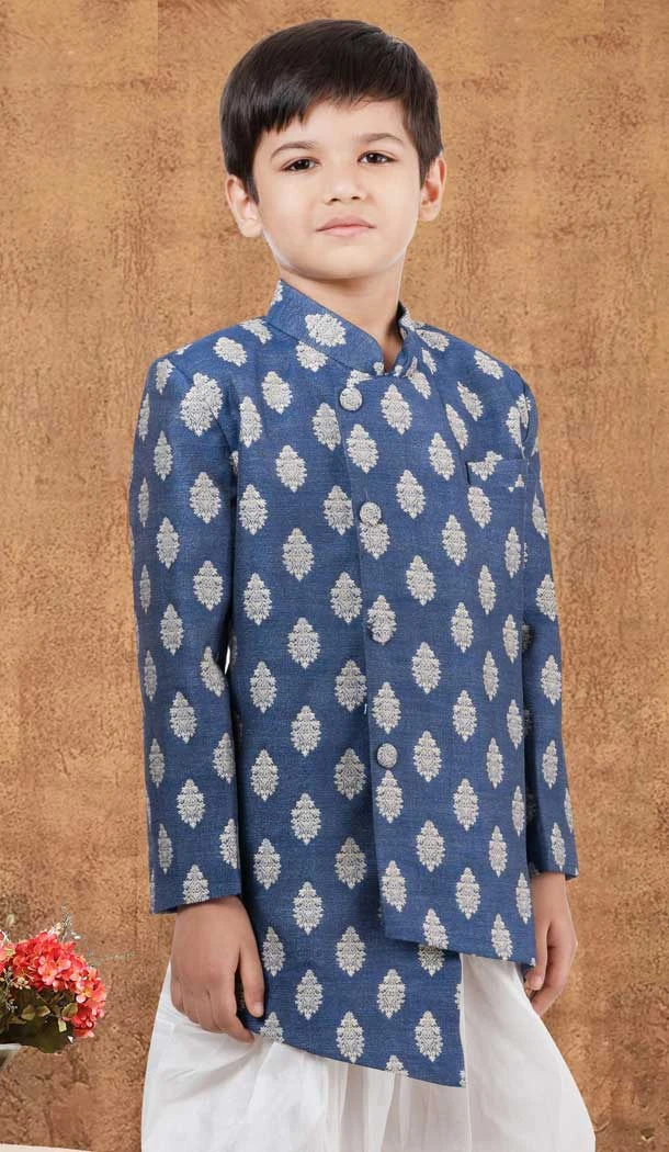 Royal Blue Jacquard Silk Weaving Work Wedding Wear Kid Boys Kurta With Dhoti - 12083205046