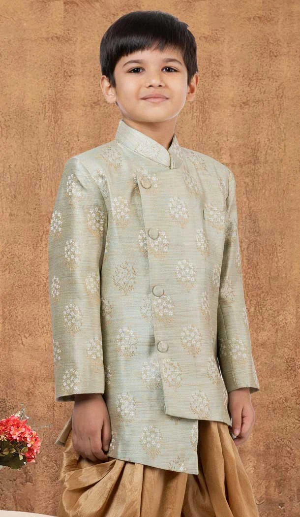 Lime Green Weaving Work Jacquard Silk Wedding Wear Kid Boys Kurta With Dhoti - 12083205047