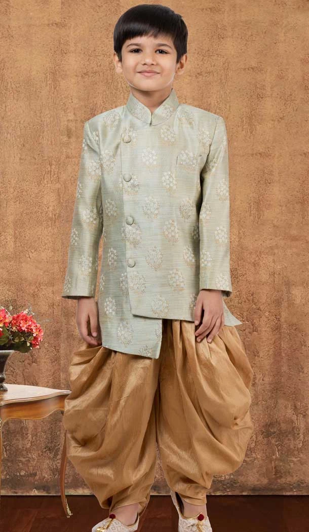 Lime Green Weaving Work Jacquard Silk Wedding Wear Kid Boys Kurta With Dhoti - 12083205047