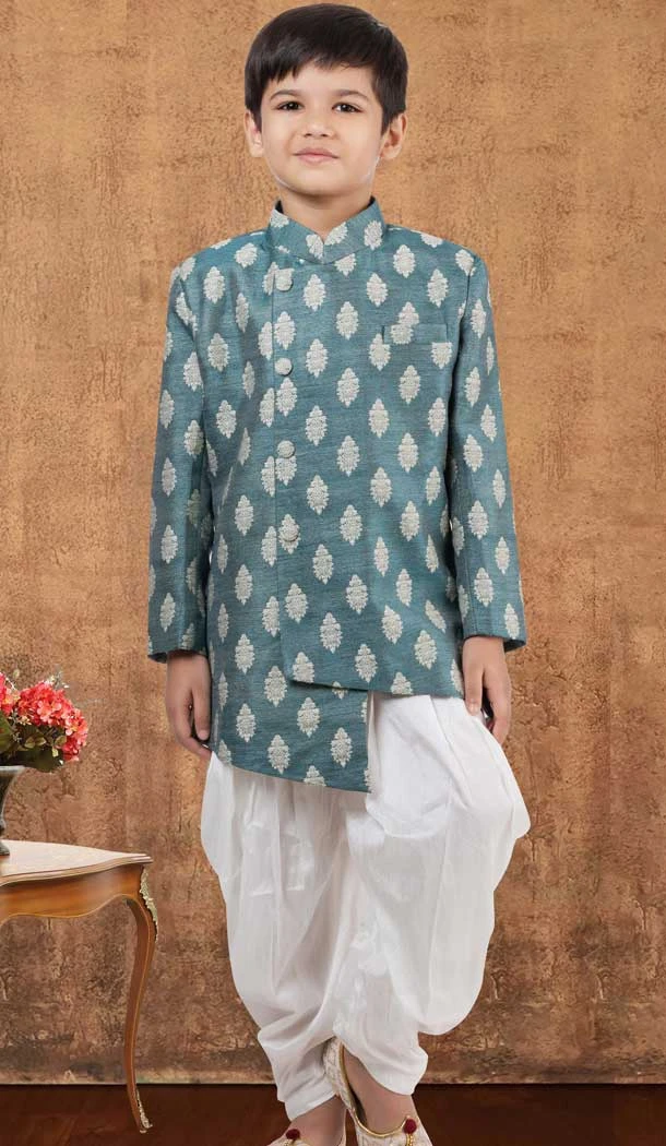 Mint Green Jacquard Silk Weaving Work Wedding Wear Kid Boys Kurta With Dhoti - 12083205048
