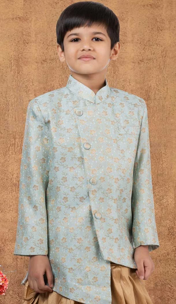 Sea Blue Jacquard Silk Weaving Work Wedding Wear Kid Boys Kurta With Dhoti - 12083205049