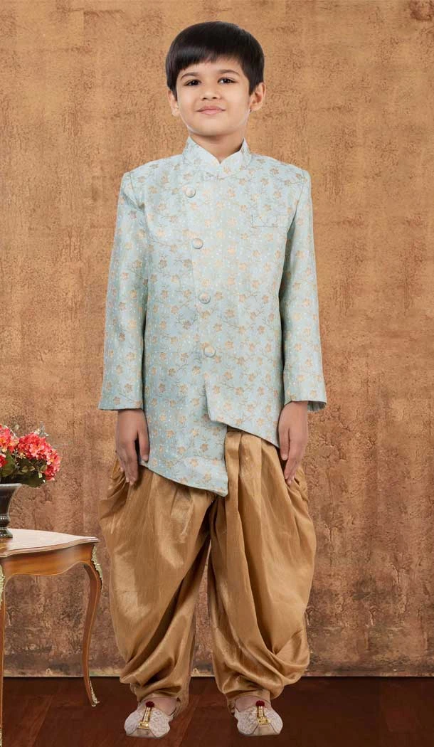 Sea Blue Jacquard Silk Weaving Work Wedding Wear Kid Boys Kurta With Dhoti - 12083205049