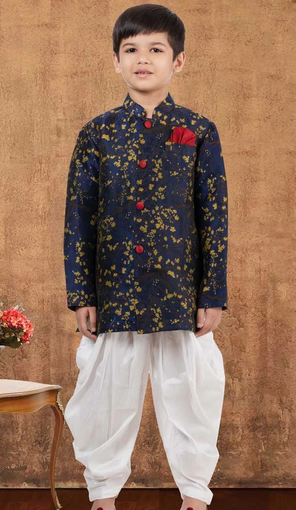 Jacquard Silk Weaving Work Wedding Wear Kid Boys Kurta With Dhoti In Navy Blue - 12083205050