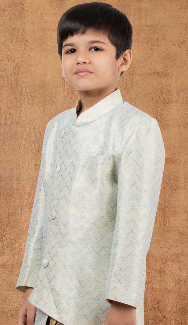 Jacquard Silk Weaving Work Wedding Wear Kid Boys Kurta With Dhoti In Sky Blue - 12083205051