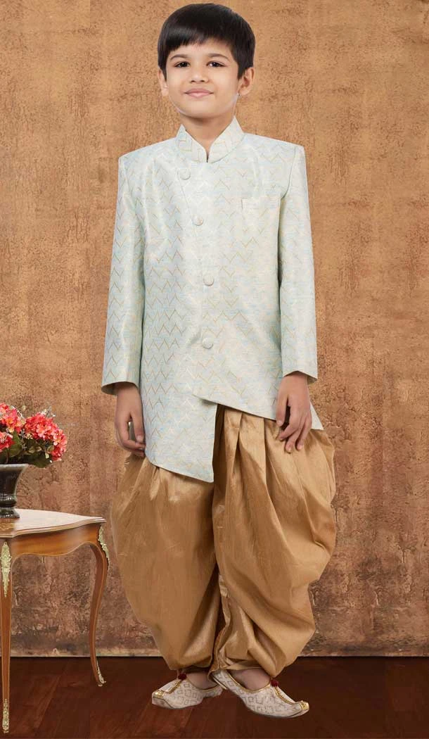 Jacquard Silk Weaving Work Wedding Wear Kid Boys Kurta With Dhoti In Sky Blue - 12083205051