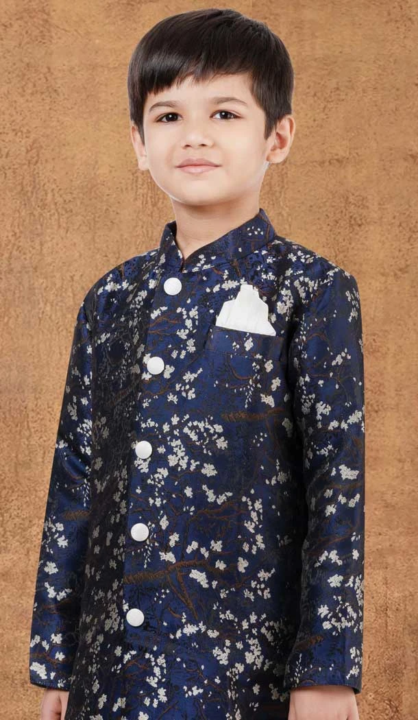 Wedding Wear Navy Blue Jacquard Silk Weaving Work Kid Boys Kurta With Dhoti - 12083205052