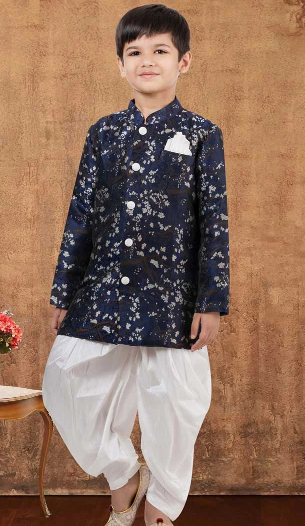 Wedding Wear Navy Blue Jacquard Silk Weaving Work Kid Boys Kurta With Dhoti - 12083205052