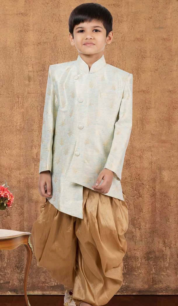 Sky Blue Jacquard Silk Weaving Work Designer Wedding Wear Kid Boys Kurta With Dhoti - 12083205053