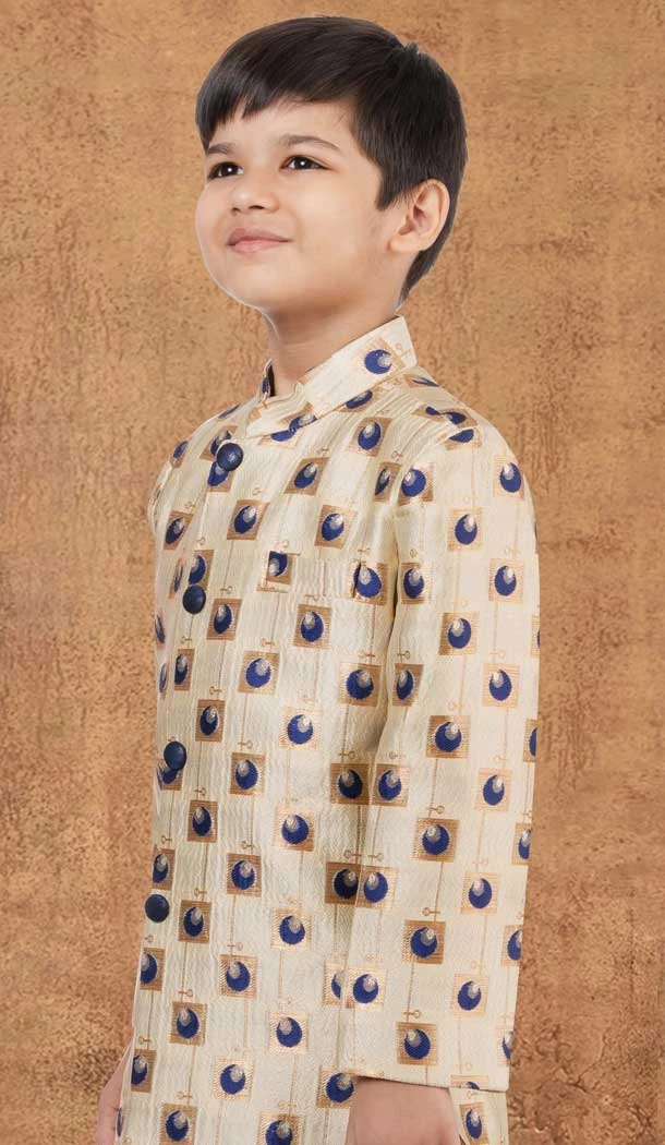 Cream Weaving Work Jacquard Silk Wedding Wear Kid Boys Kurta With Dhoti - 12083205054
