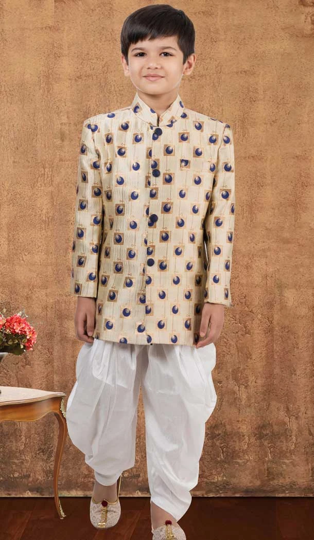 Cream Weaving Work Jacquard Silk Wedding Wear Kid Boys Kurta With Dhoti - 12083205054