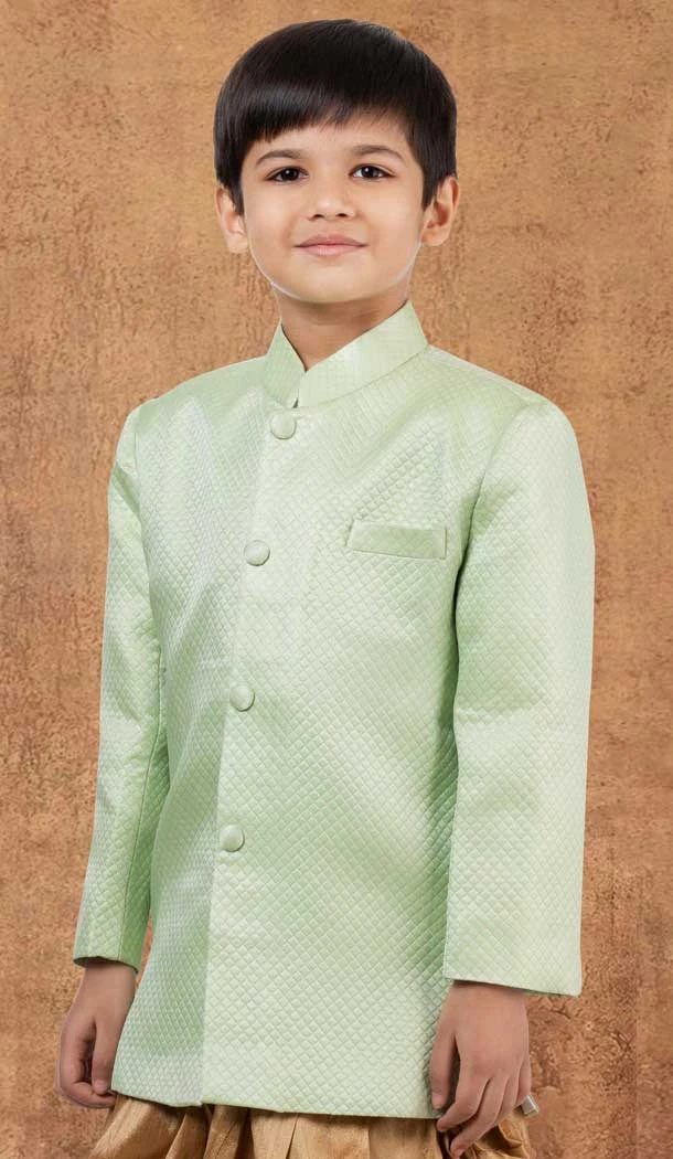 Jacquard Silk Weaving Work Wedding Wear Kid Boys Kurta With Dhoti Lime Green - 12083205055