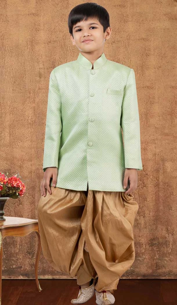 Jacquard Silk Weaving Work Wedding Wear Kid Boys Kurta With Dhoti Lime Green - 12083205055