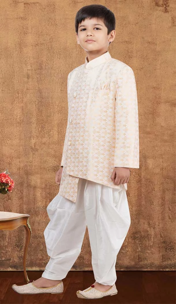 White Jacquard Silk Weaving Work Wedding Wear Kid Boys Kurta With Dhoti - 12083205056