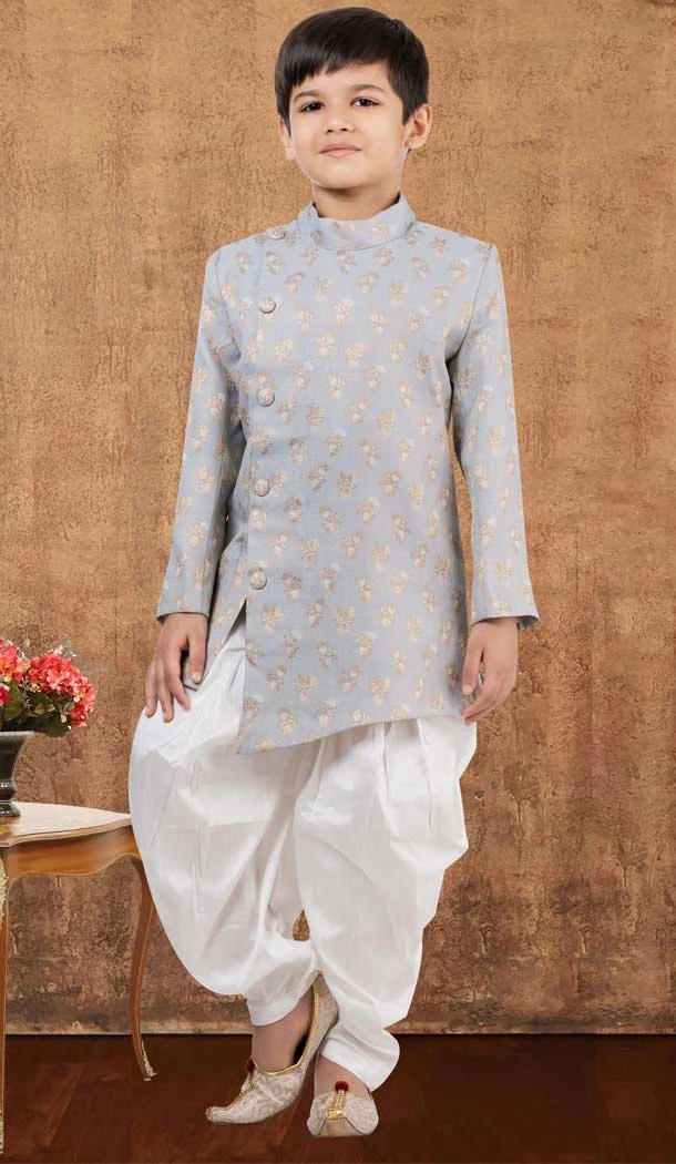 Grey Jacquard Silk Weaving Work Wedding Wear Kid Boys Kurta With Dhoti - 12083205057