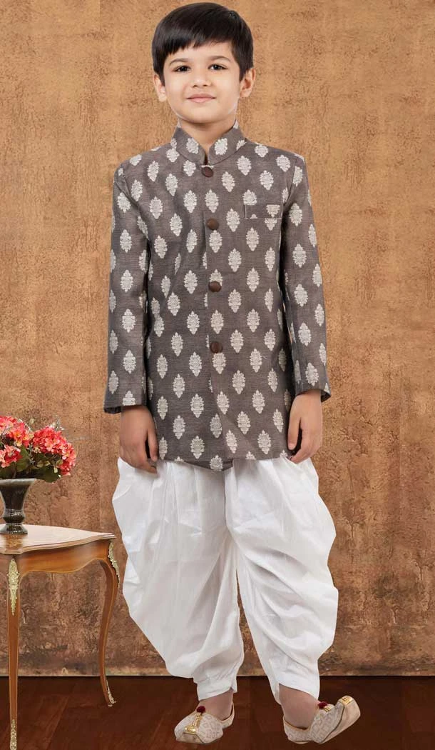 Coffee Jacquard Silk Weaving Work Wedding Wear Kid Boys Kurta With Dhoti - 12083205058