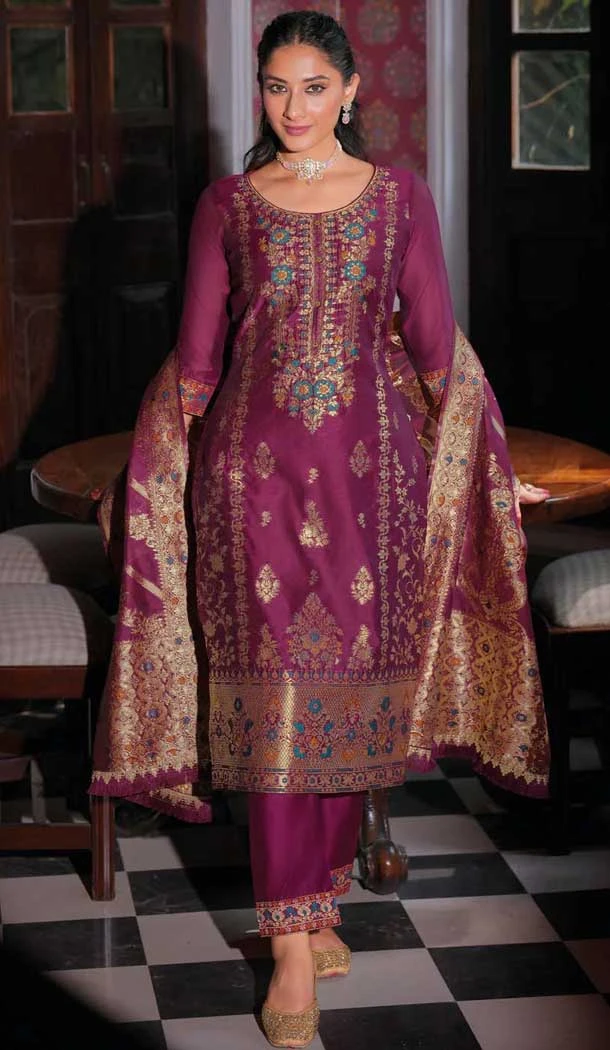 Purple Banarasi Silk Jacquard Work Party Wear Salwar Kameez - 12094205204