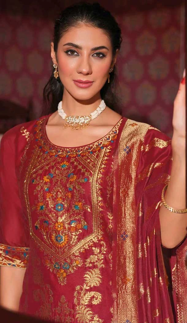 Red Banarasi Silk Jacquard Work Party Wear Salwar Kameez - 12094205206