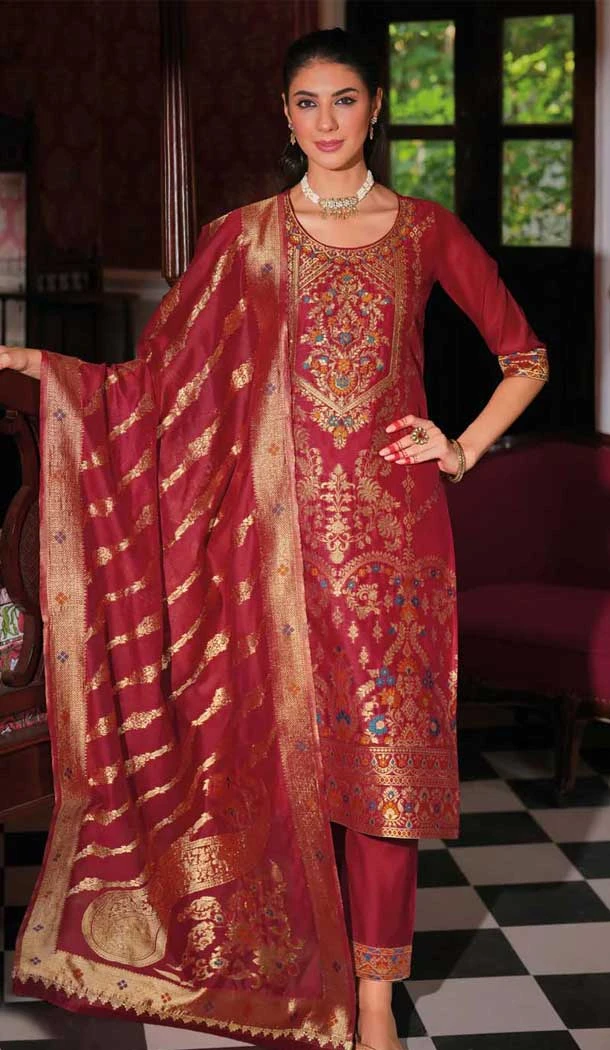 Red Banarasi Silk Jacquard Work Party Wear Salwar Kameez - 12094205206