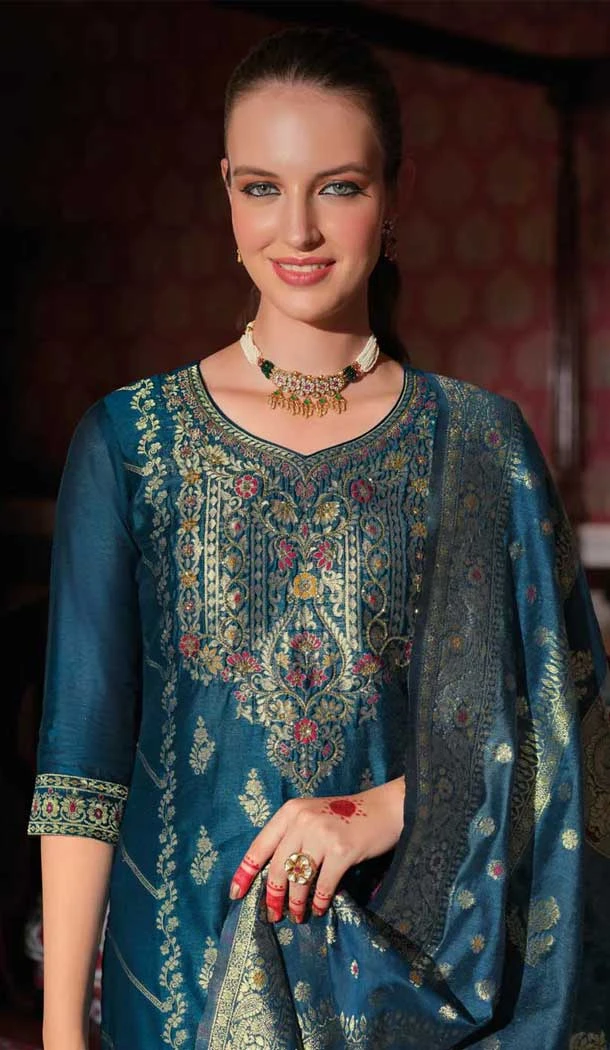 Teal Blue Banarasi Silk Jacquard Work Party Wear Salwar Kameez - 12094205207