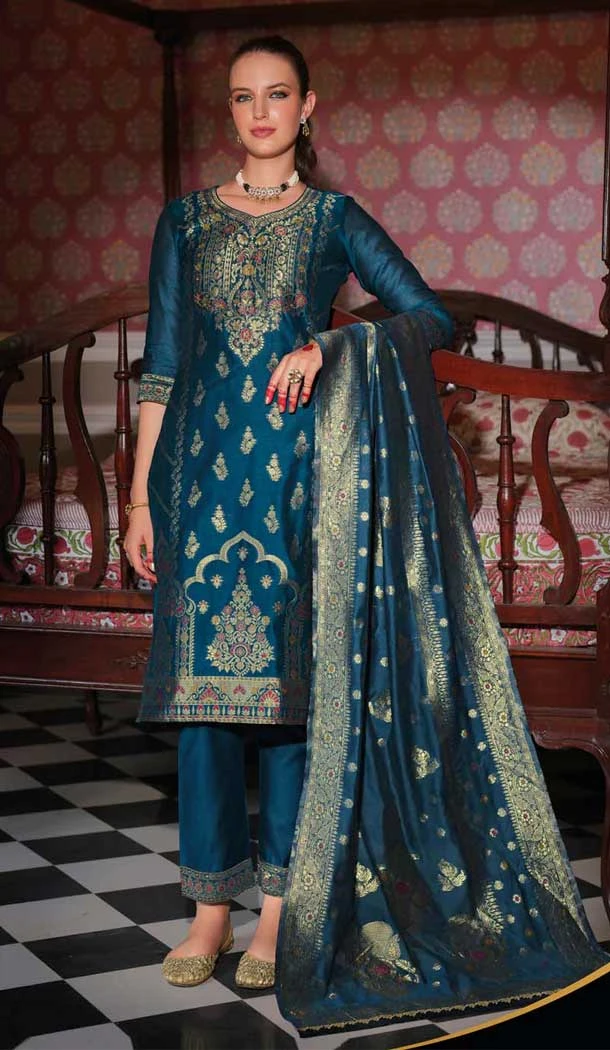 Teal Blue Banarasi Silk Jacquard Work Party Wear Salwar Kameez - 12094205207