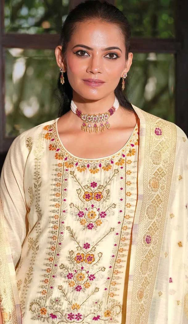 White Banarasi Silk Jacquard Work Party Wear Salwar Kameez - 12094205208