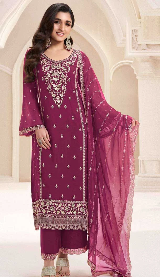 Silk Chiffon Embroidered Evening Wear Salwar Kameez In Mauve - 12098205230