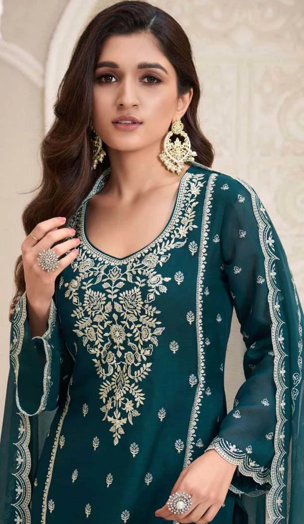 Silk Chiffon Embroidered Evening Wear Salwar Kameez In Teal Blue - 12098205231