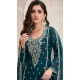 Silk Chiffon Embroidered Evening Wear Salwar Kameez In Teal Blue - 12098205231