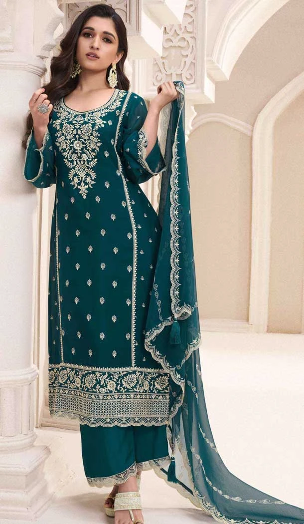 Silk Chiffon Embroidered Evening Wear Salwar Kameez In Teal Blue - 12098205231