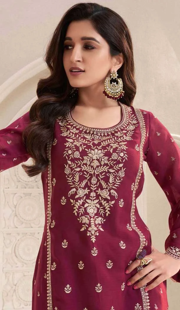 Silk Chiffon Embroidered Evening Wear Salwar Kameez In Maroon - 12098205232