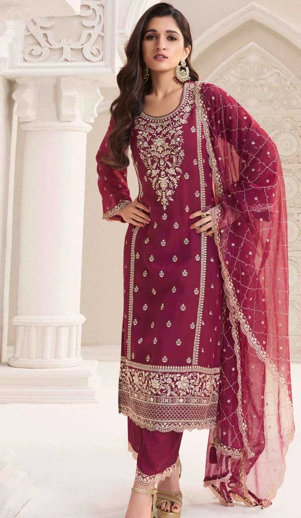 Silk Chiffon Embroidered Evening Wear Salwar Kameez In Maroon - 12098205232