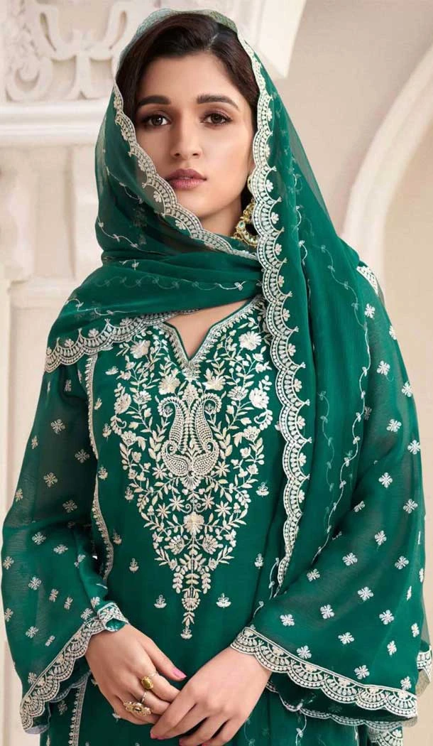 Silk Chiffon Embroidered Evening Wear Salwar Kameez In Green - 12098205233