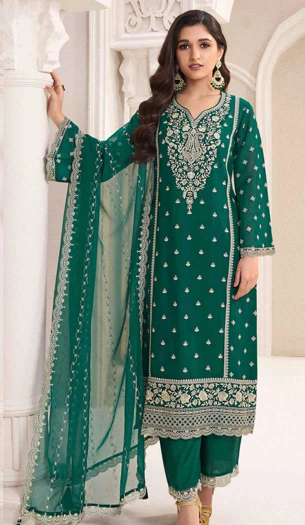 Silk Chiffon Embroidered Evening Wear Salwar Kameez In Green - 12098205233