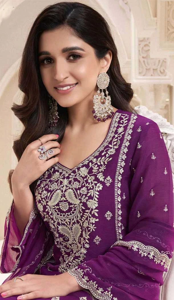 Silk Chiffon Embroidered Evening Wear Salwar Kameez In Purple - 12098205234