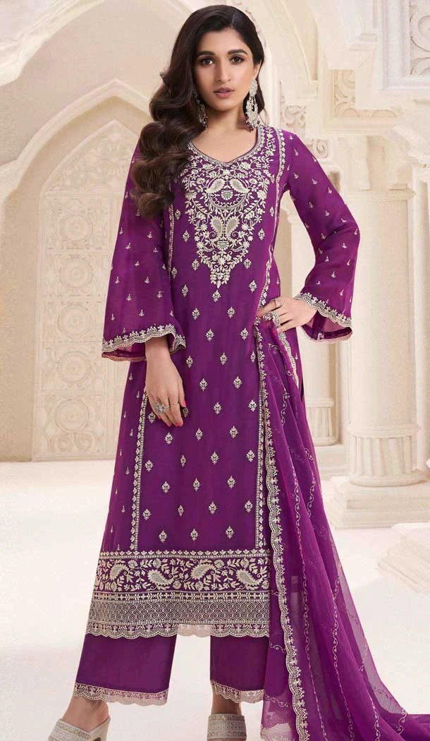 Silk Chiffon Embroidered Evening Wear Salwar Kameez In Purple - 12098205234
