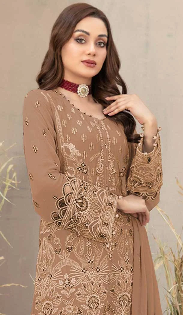 Georgette Embroidered Pakistani Style Salwar Kameez In Coffee - 12054204831